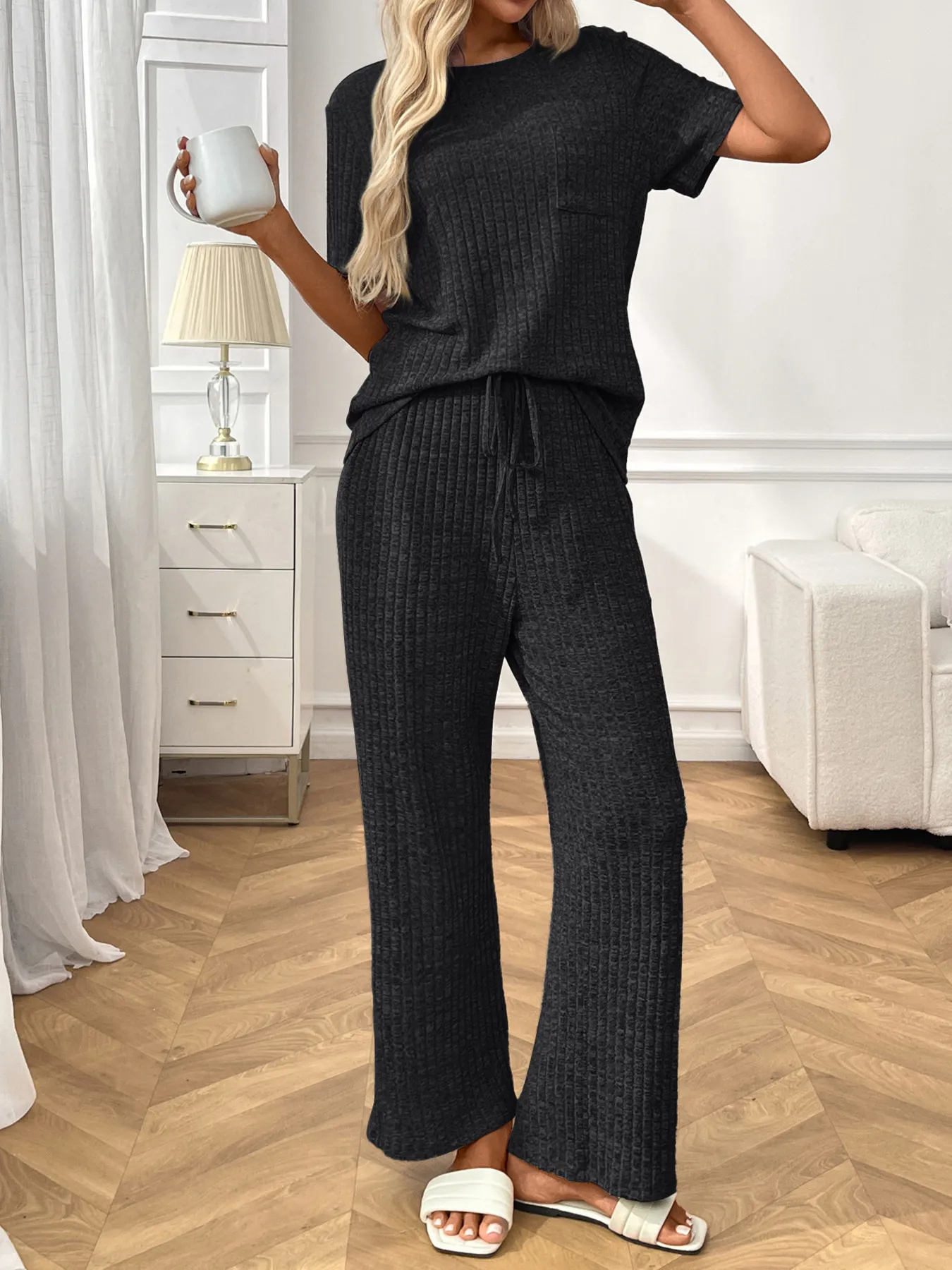 Ribbed Knit Short Sleeve Top and Pants Lounge Set - Image 6