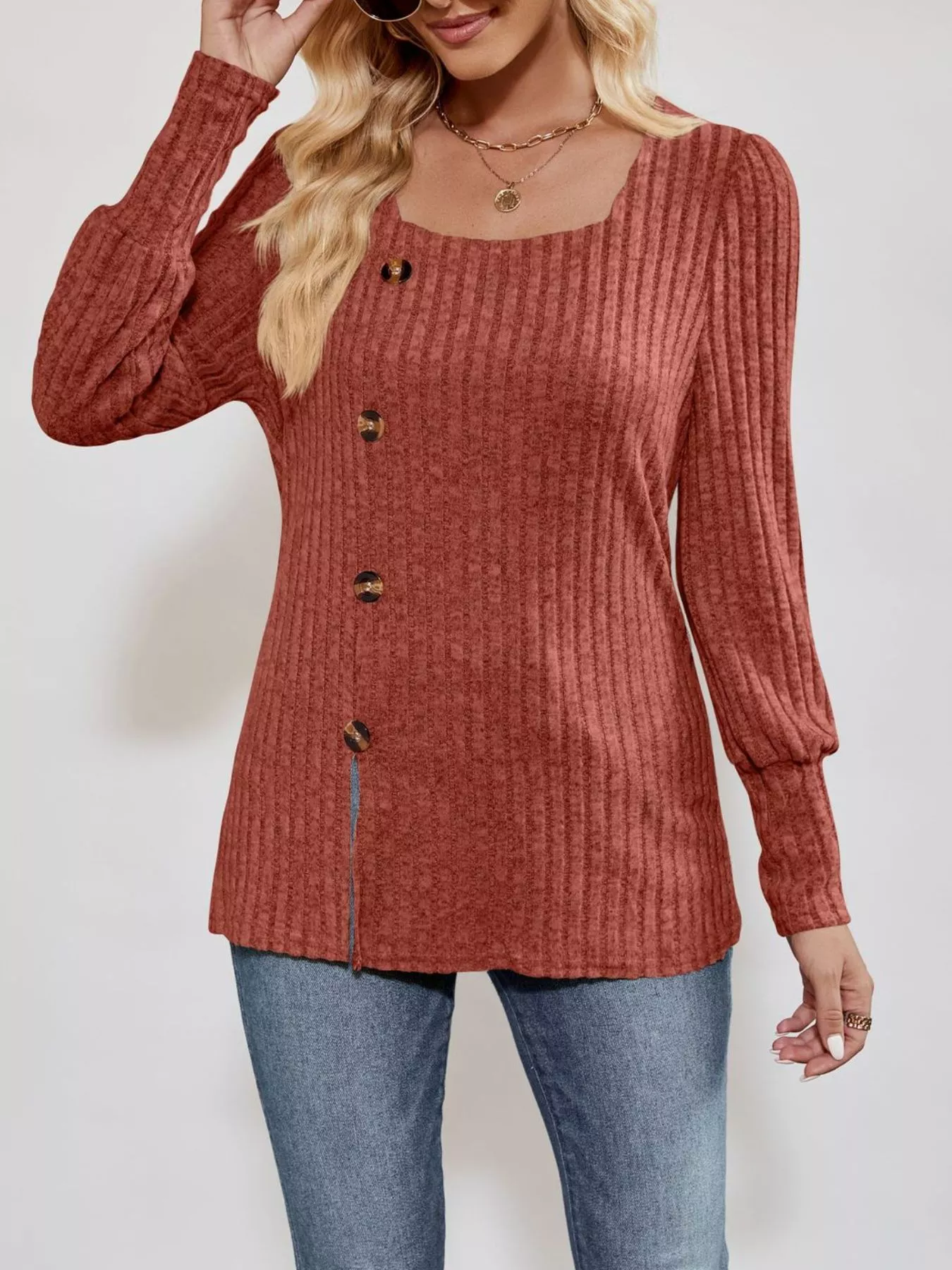 Ribbed Knit Slit Long Sleeve T-Shirt - Image 4
