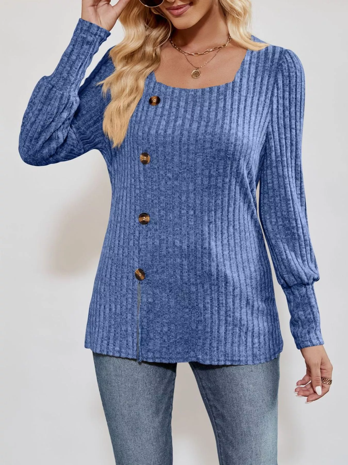 Ribbed Knit Slit Long Sleeve T-Shirt - Image 9