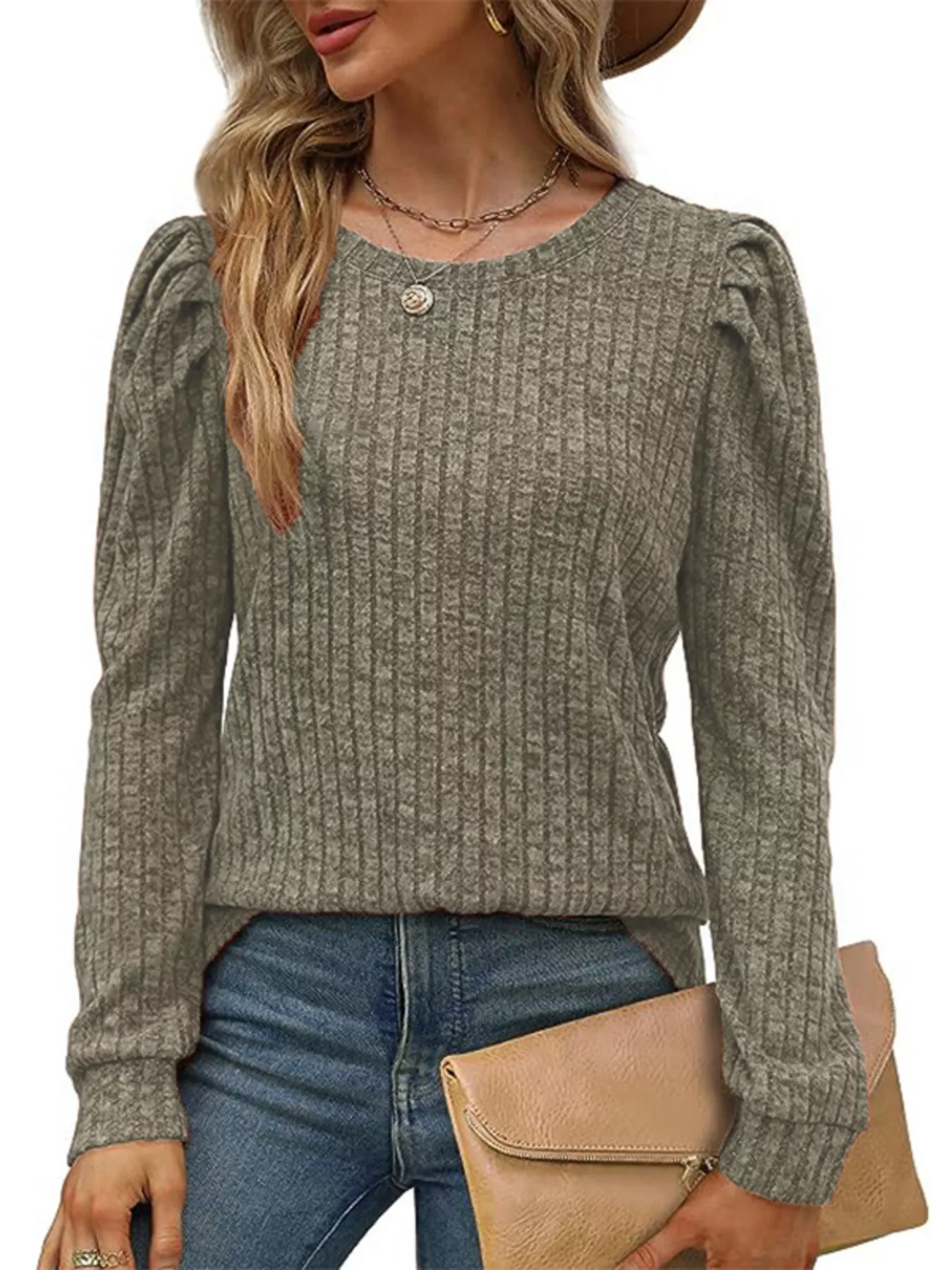 Ribbed Knit Top with Puff Sleeves - Image 10
