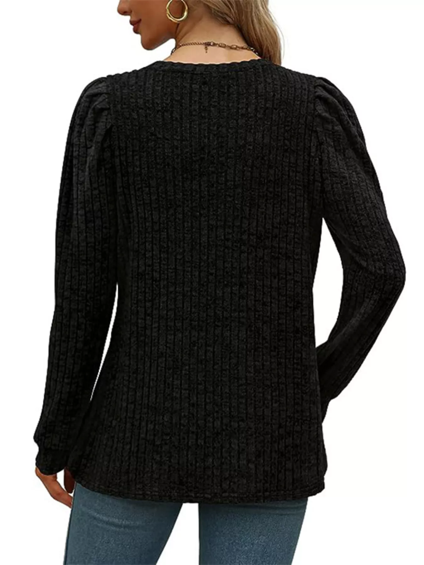 Ribbed Knit Top with Puff Sleeves - Image 16