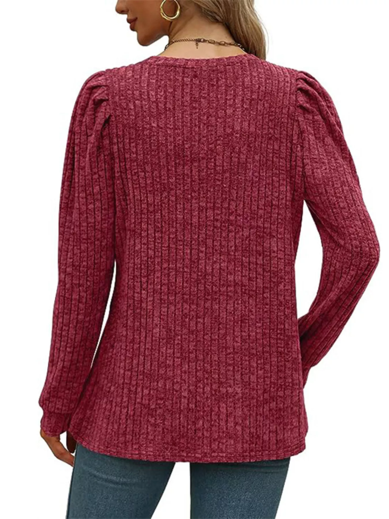 Ribbed Knit Top with Puff Sleeves - Image 4