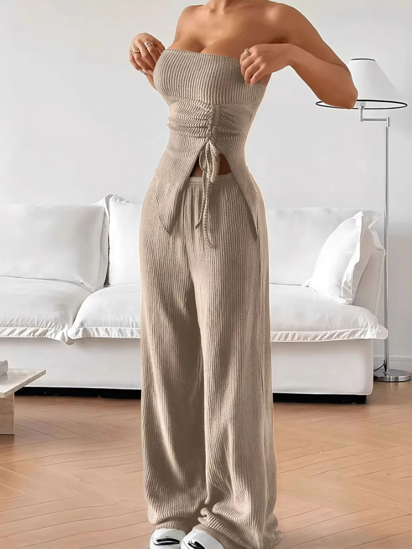 Ribbed Knit Tube Top and Wide Leg Pants Set - Image 2