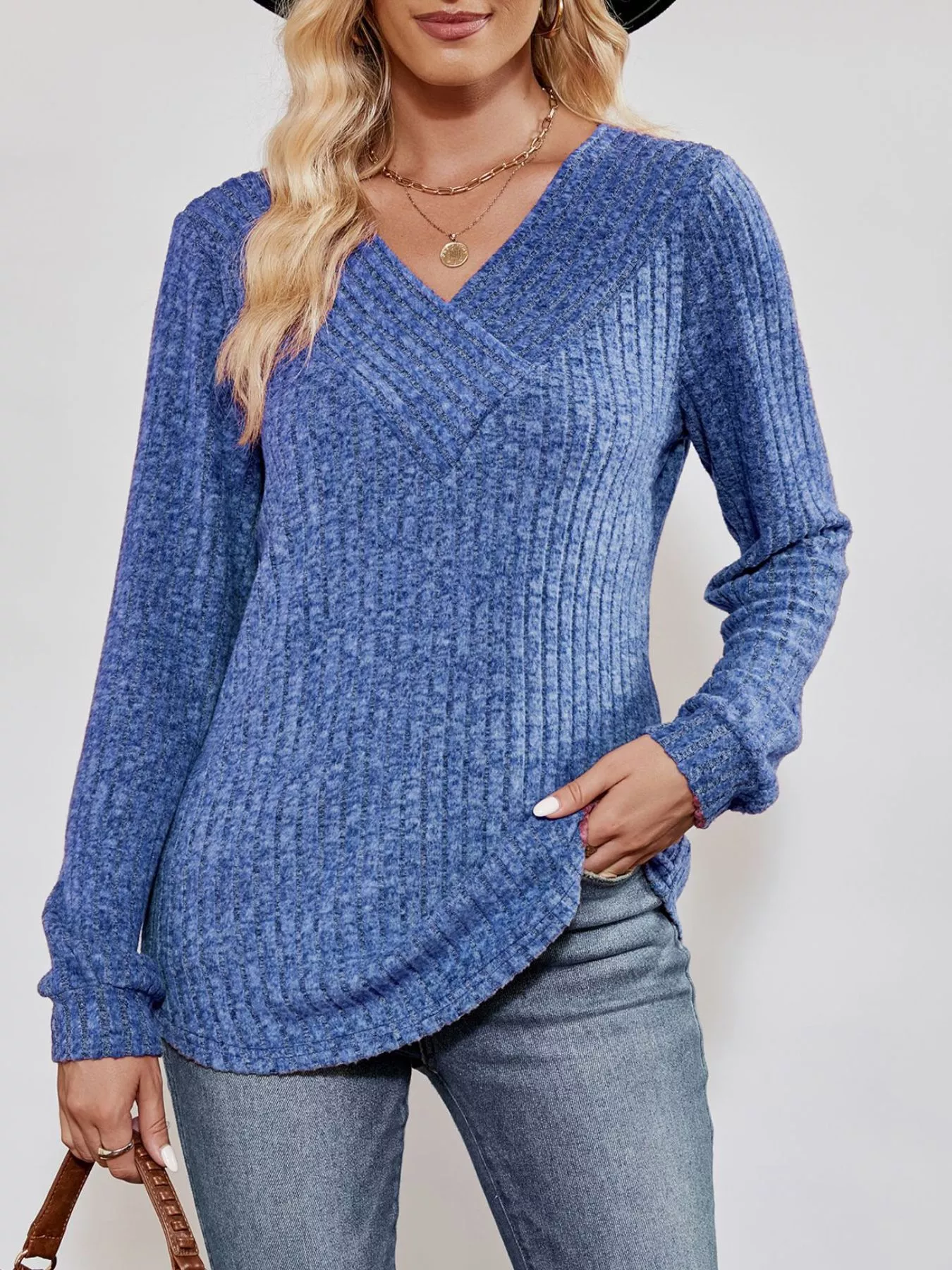 Ribbed Knit V-Neck Long Sleeve T-Shirt - Image 8