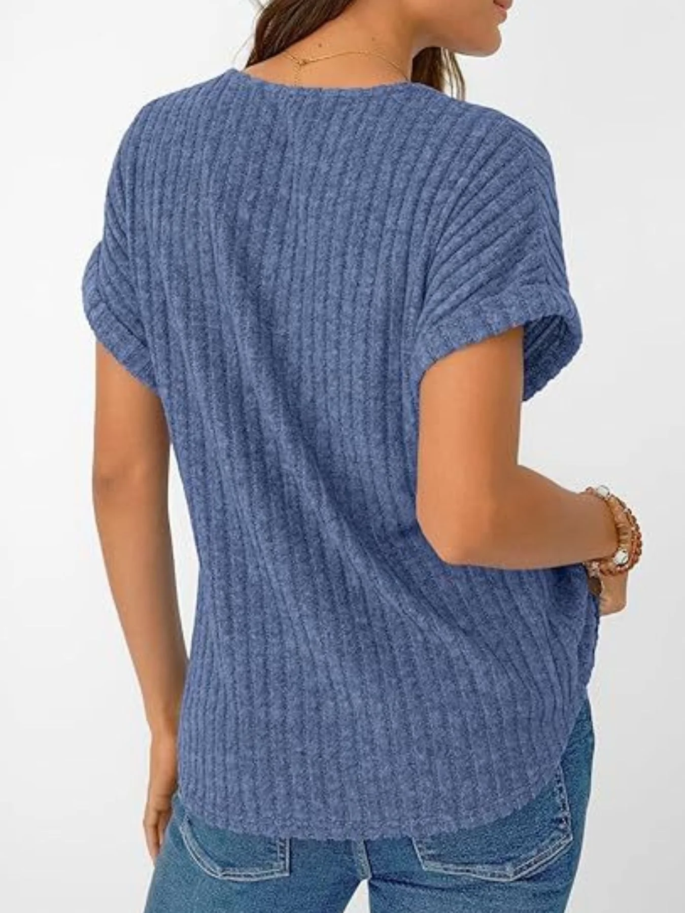 Ribbed Knit V-Neck Relaxed Fit T-Shirt - Image 22