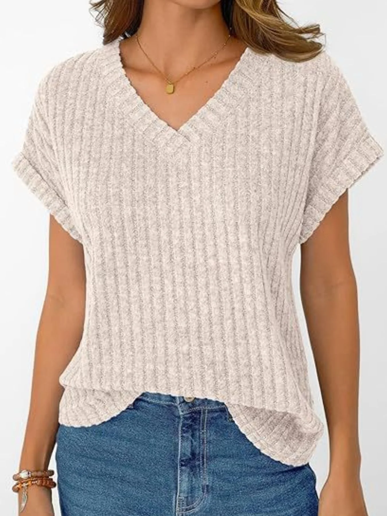 Ribbed Knit V-Neck Relaxed Fit T-Shirt - Image 3