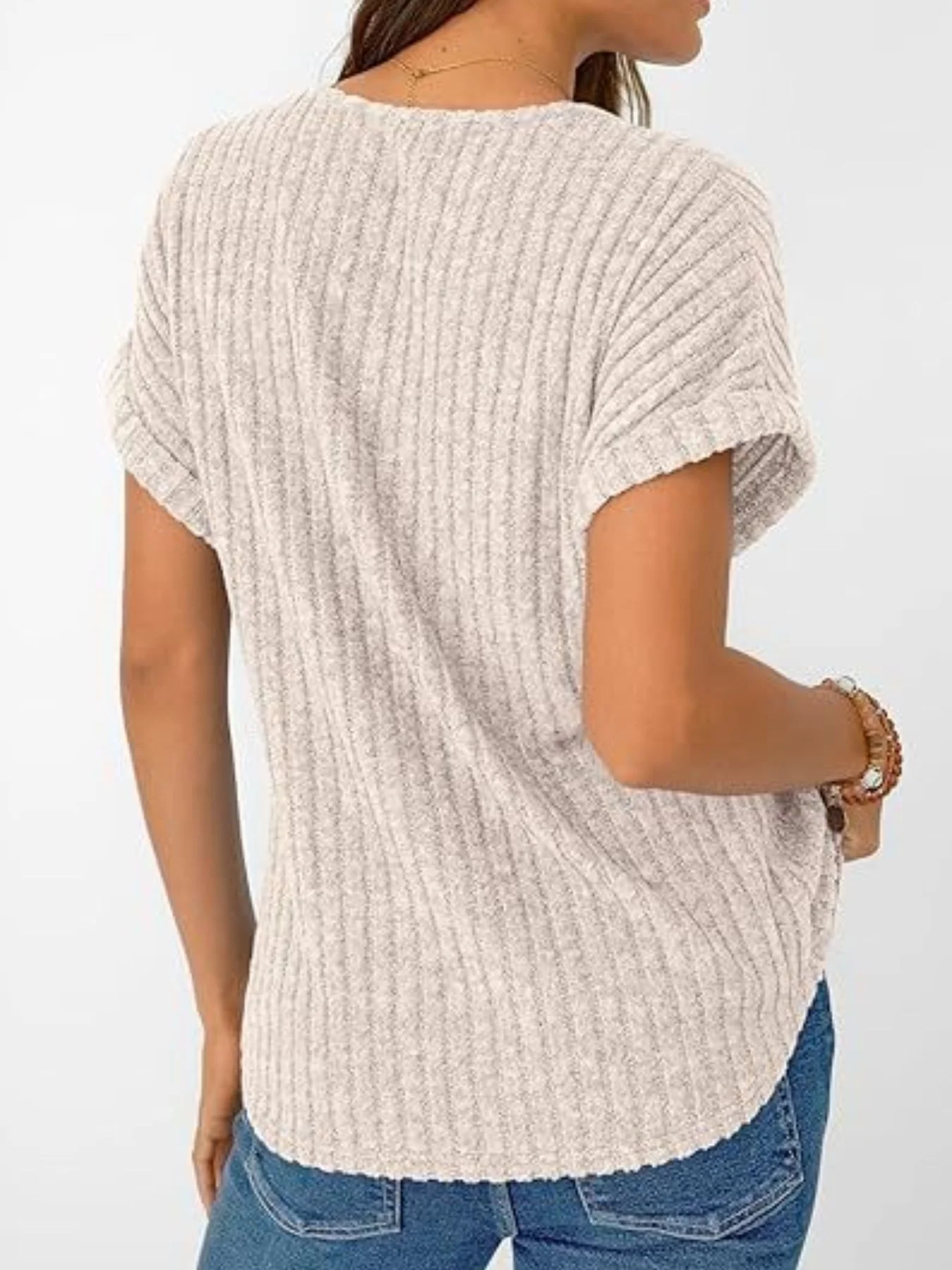 Ribbed Knit V-Neck Relaxed Fit T-Shirt - Image 4