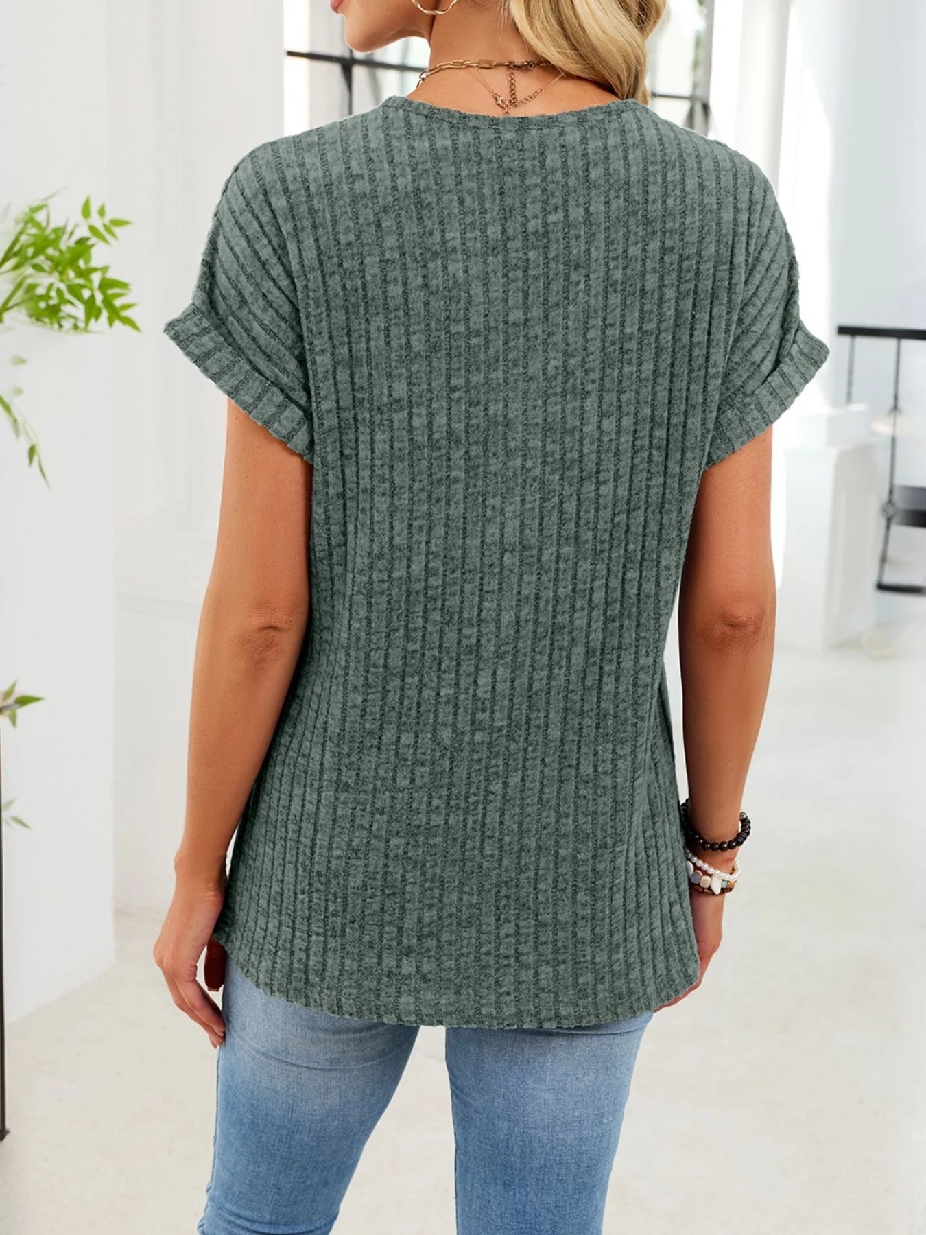 Ribbed Knit V-Neck T-Shirt - Image 14