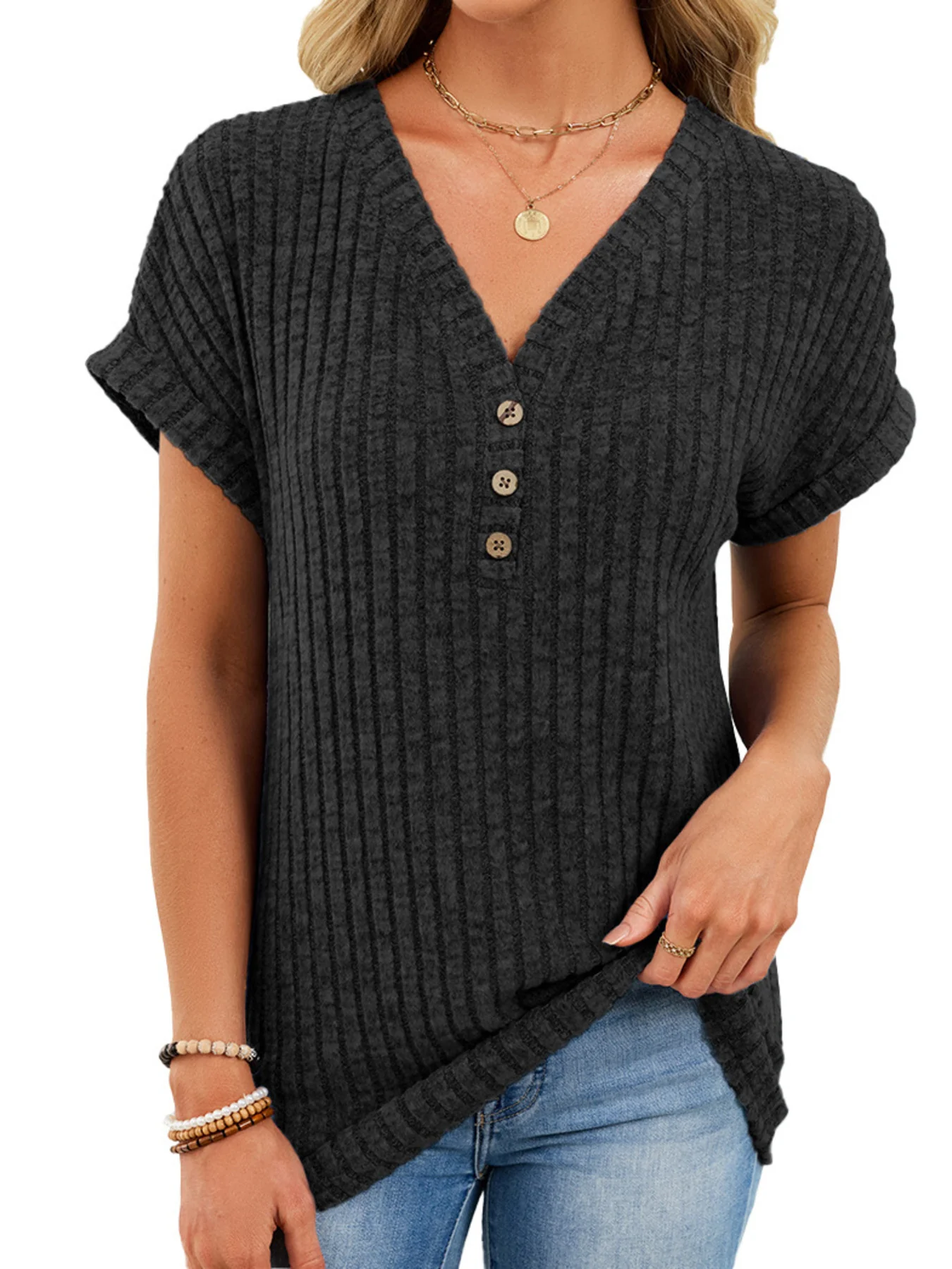 Ribbed Knit V-Neck T-Shirt - Image 15