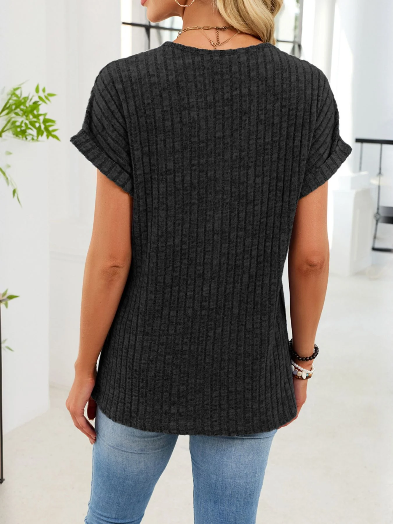Ribbed Knit V-Neck T-Shirt - Image 20