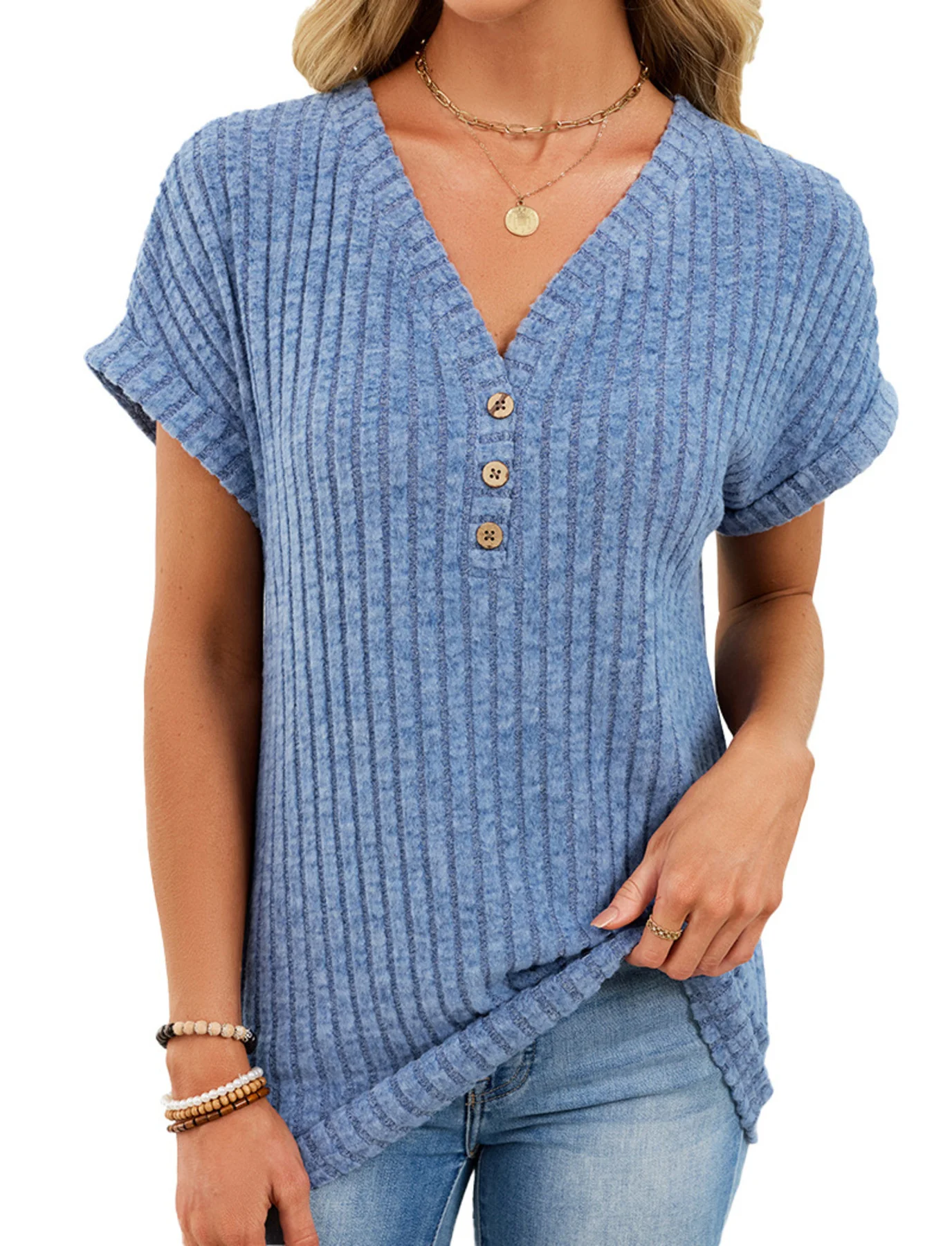 Ribbed Knit V-Neck T-Shirt - Image 21