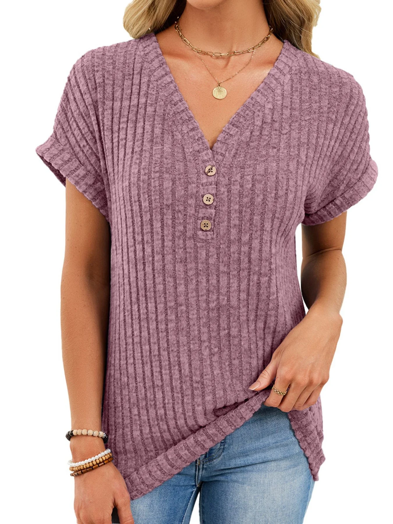 Ribbed Knit V-Neck T-Shirt - Image 25
