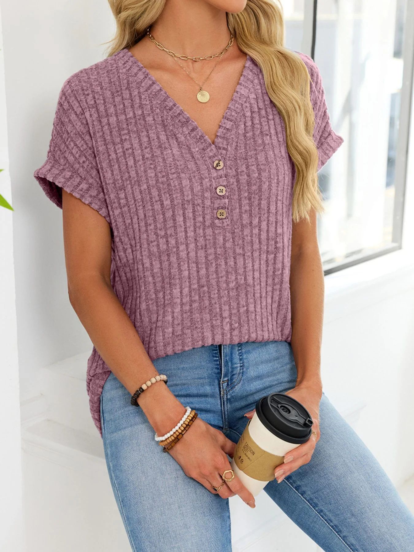 Ribbed Knit V-Neck T-Shirt - Image 29