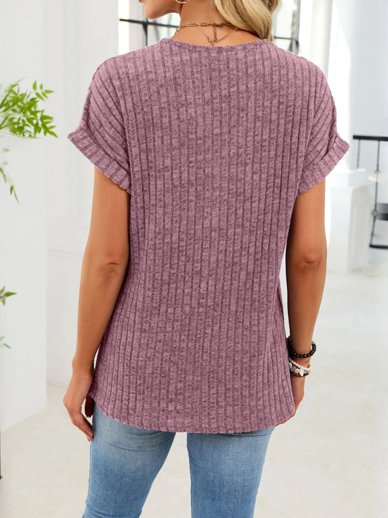 Ribbed Knit V-Neck T-Shirt - Image 30