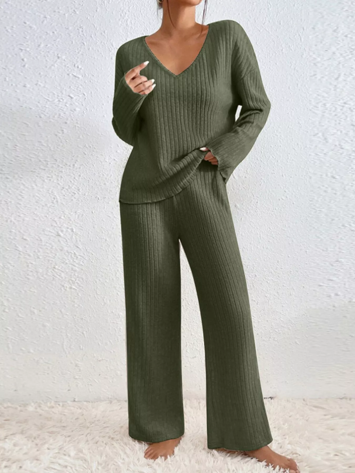 Ribbed Knit V-Neck Top and Pants Set - Image 10