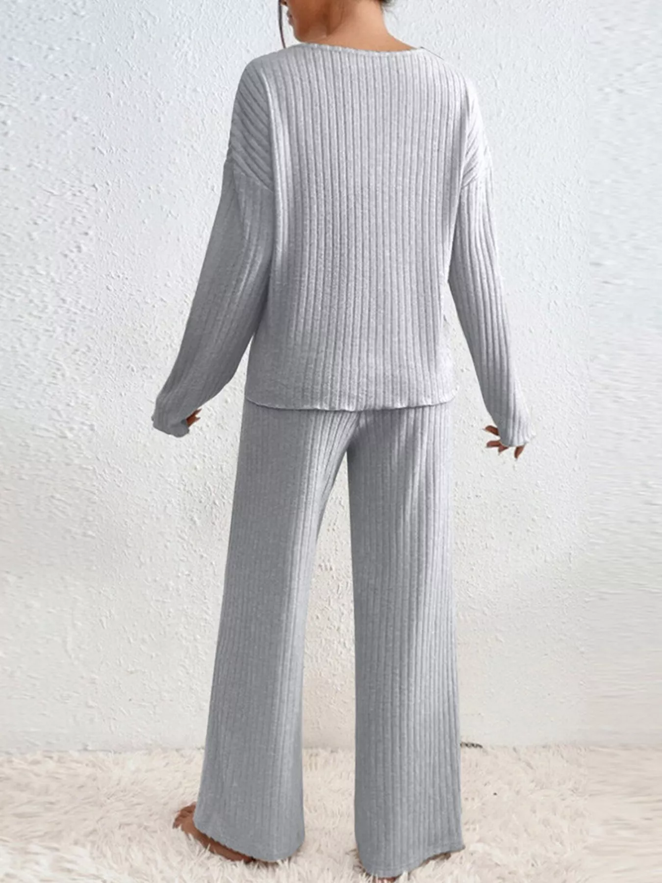 Ribbed Knit V-Neck Top and Pants Set - Image 14