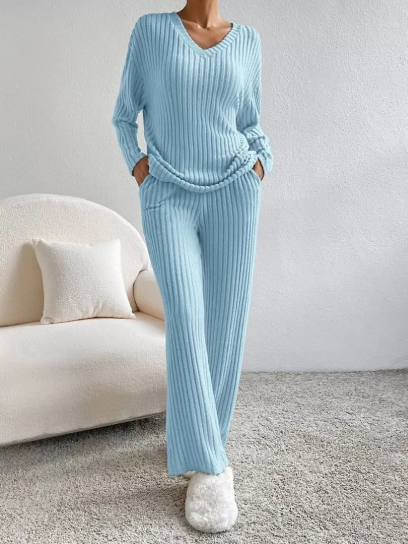 Ribbed Knit V-Neck Top and Pants Set - Image 20