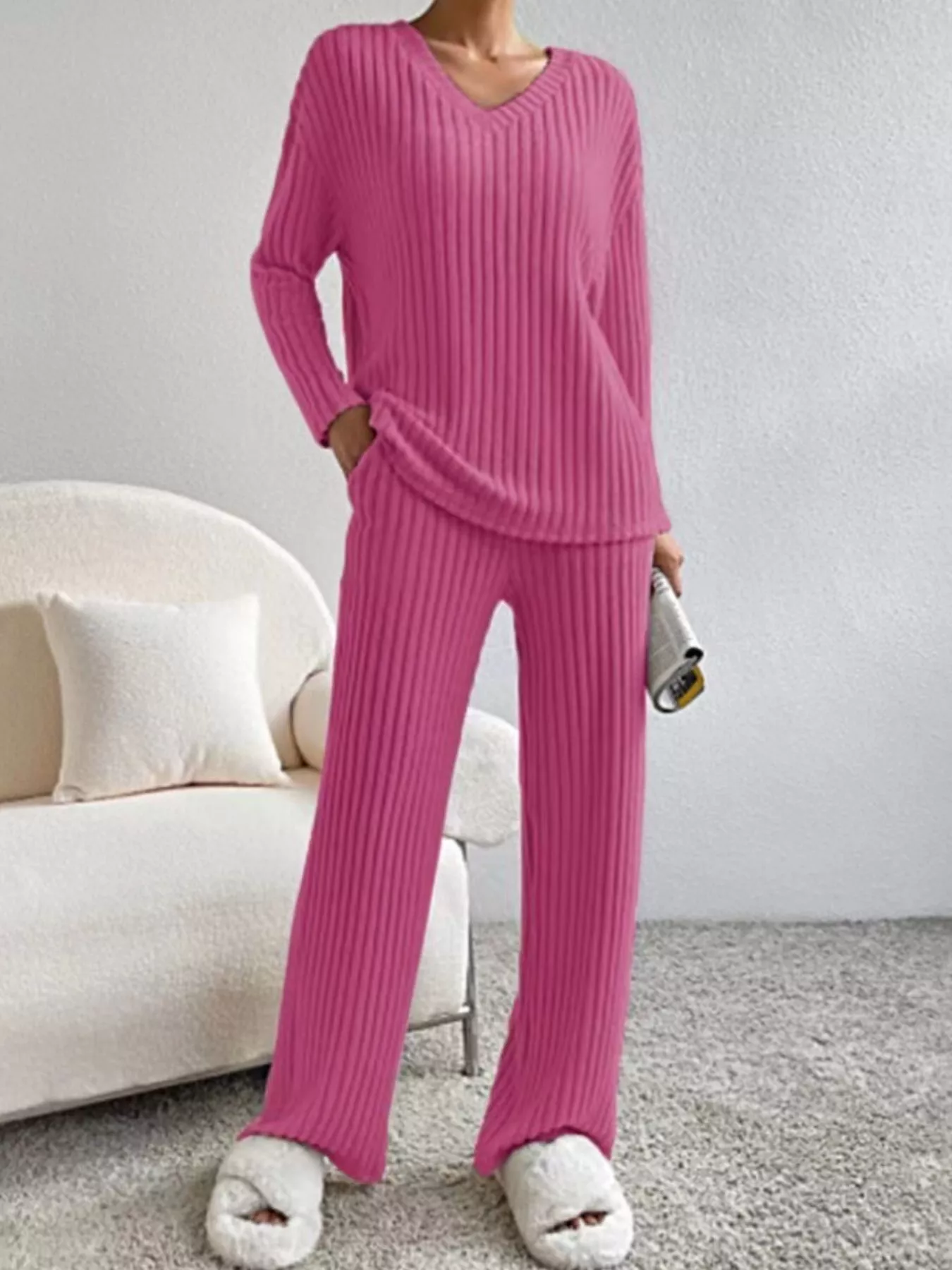 Ribbed Knit V-Neck Top and Pants Set - Image 23