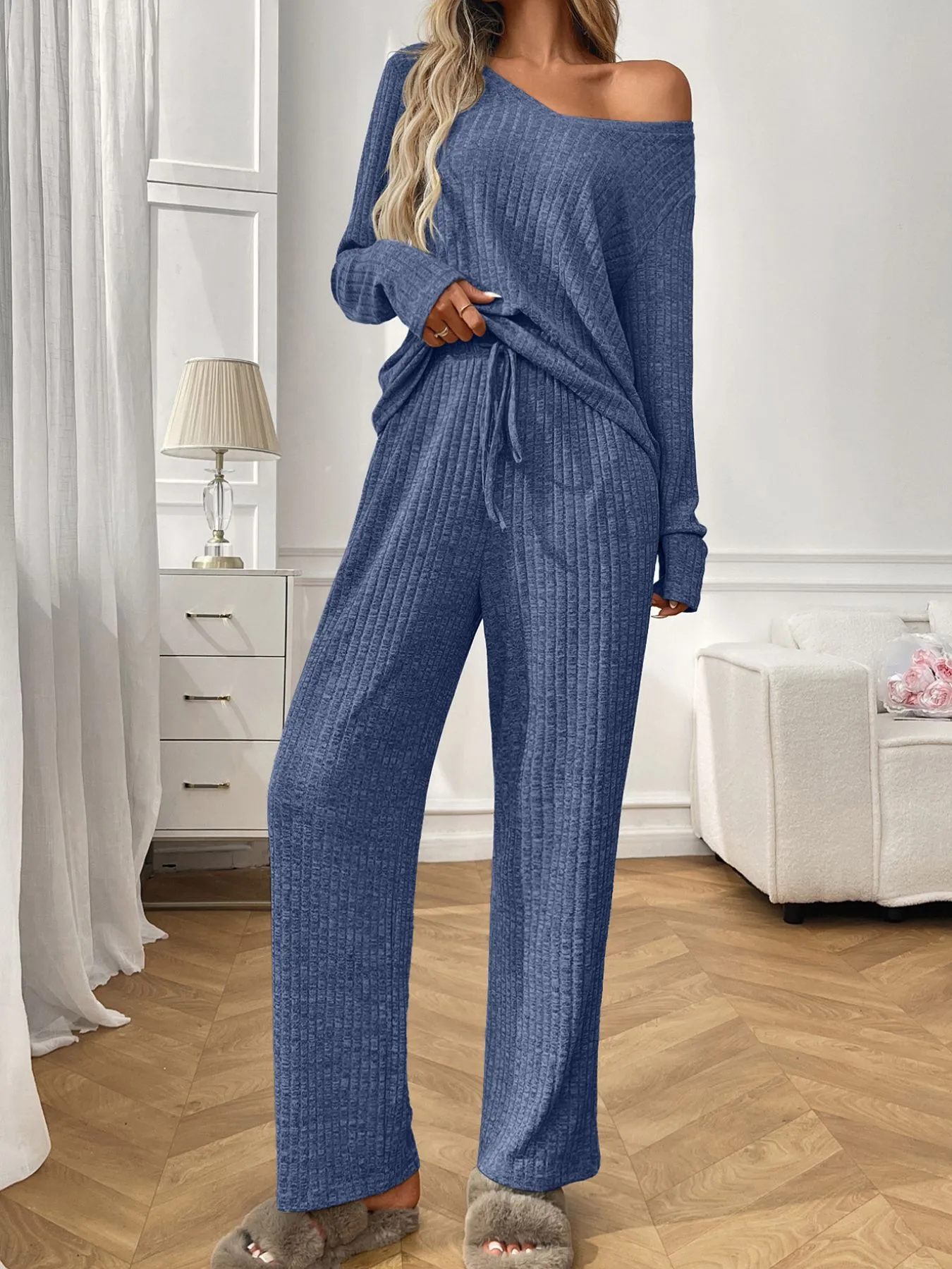 Ribbed Long Sleeve Top and Pants Lounge Set - Image 2