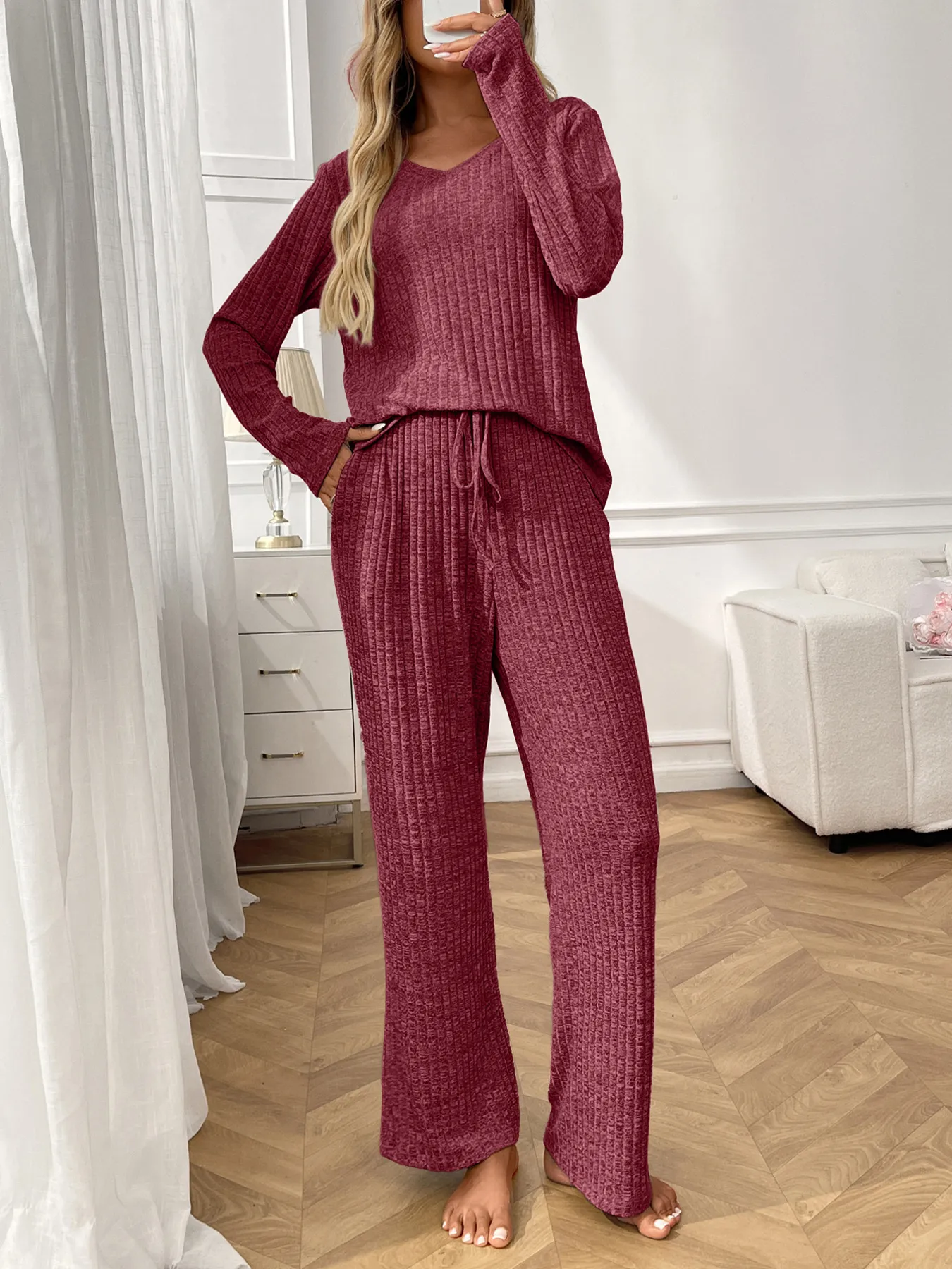 Ribbed Long Sleeve Top and Pants Lounge Set - Image 21