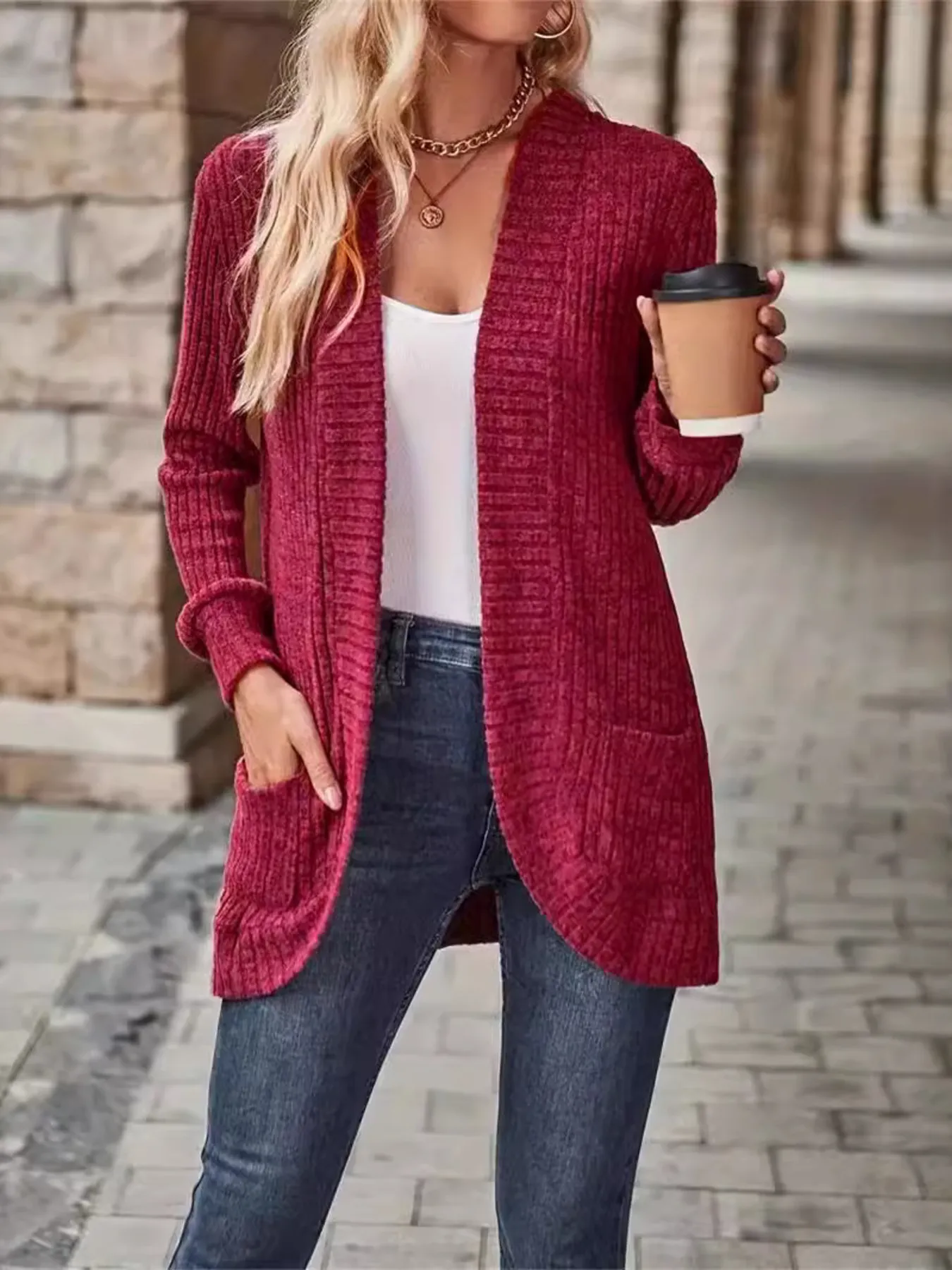 Ribbed Open Front Long Cardigan with Pockets - Image 7