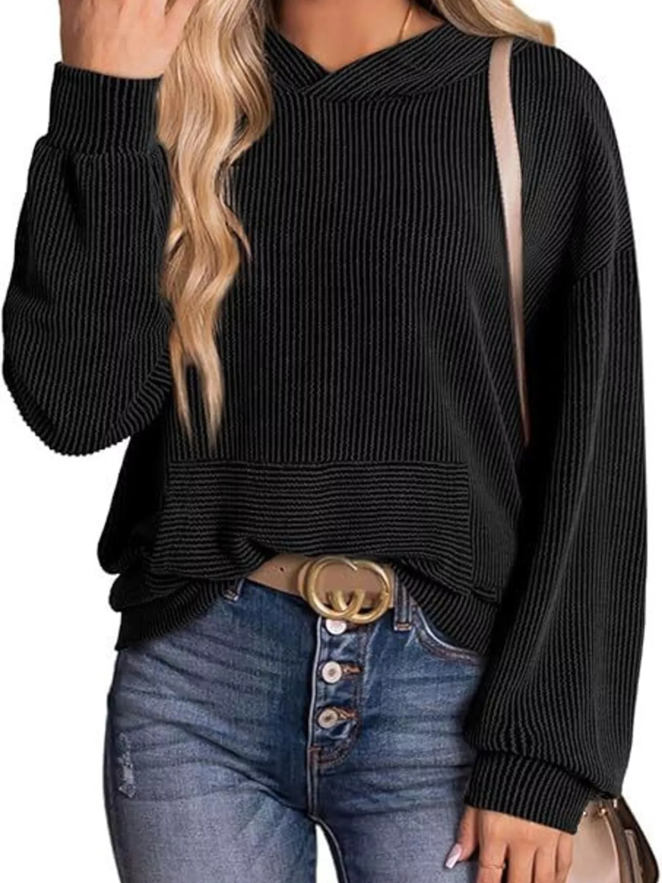Ribbed Oversized Hoodie Sweatshirt with Pocket - Image 11
