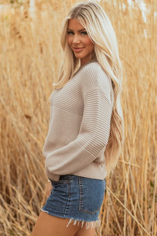 Ribbed Patchwork Textured Knit Puff Sleeve Sweater - Image 3