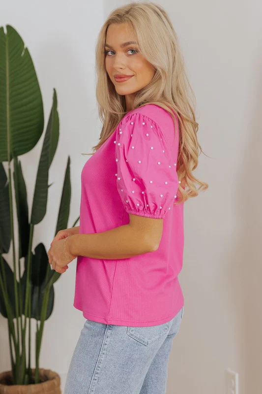 Ribbed Pearl Beaded Puff Sleeve Top - Image 3