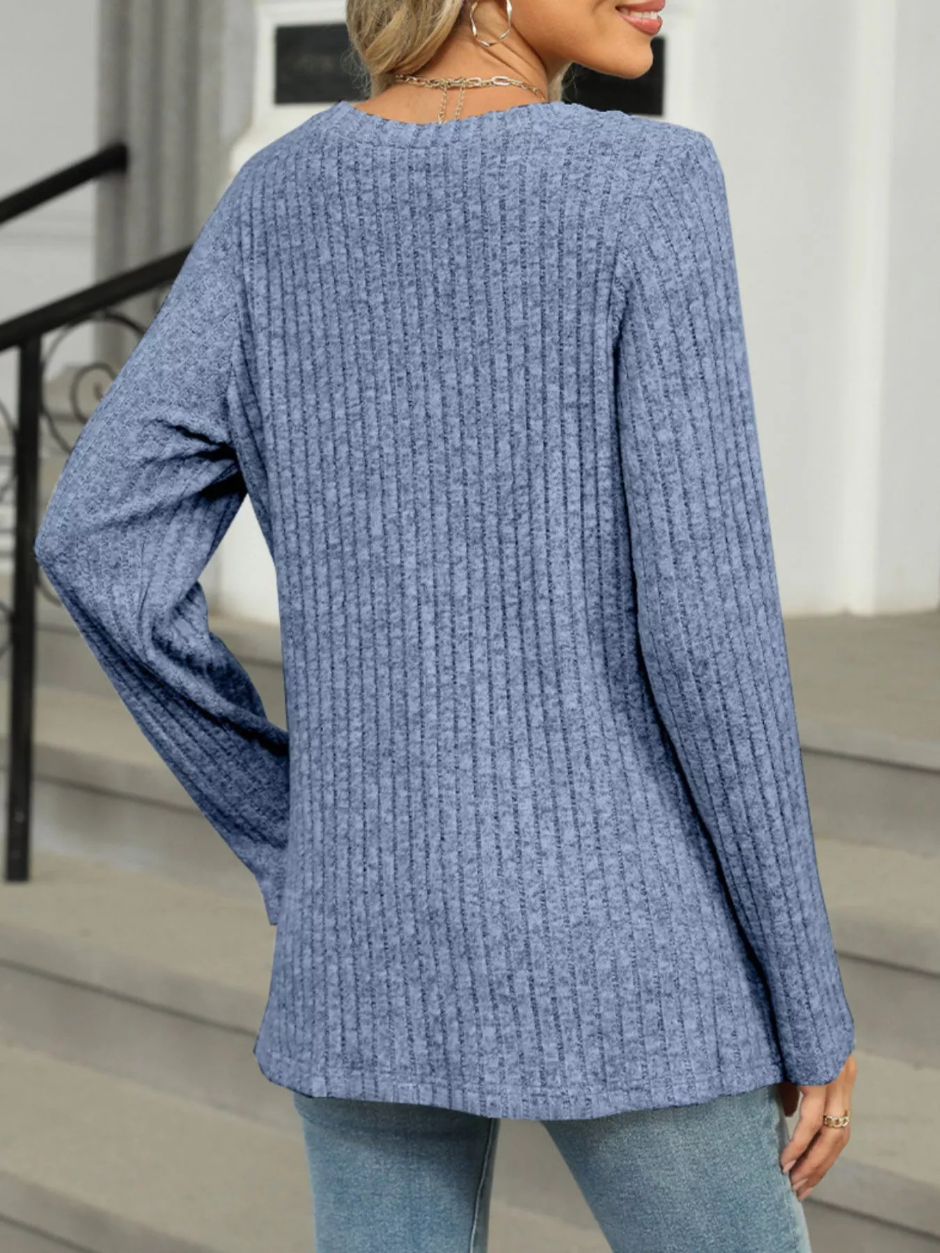 Ribbed Round Neck Long Sleeve Top - Image 6
