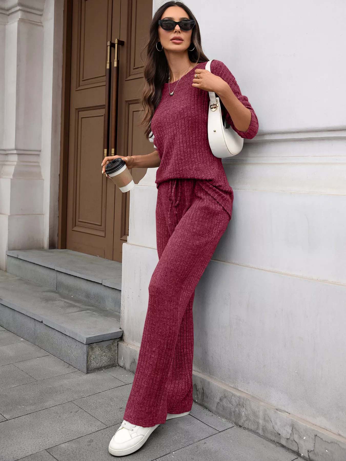 Ribbed Round Neck Top and Pants Set - Image 19