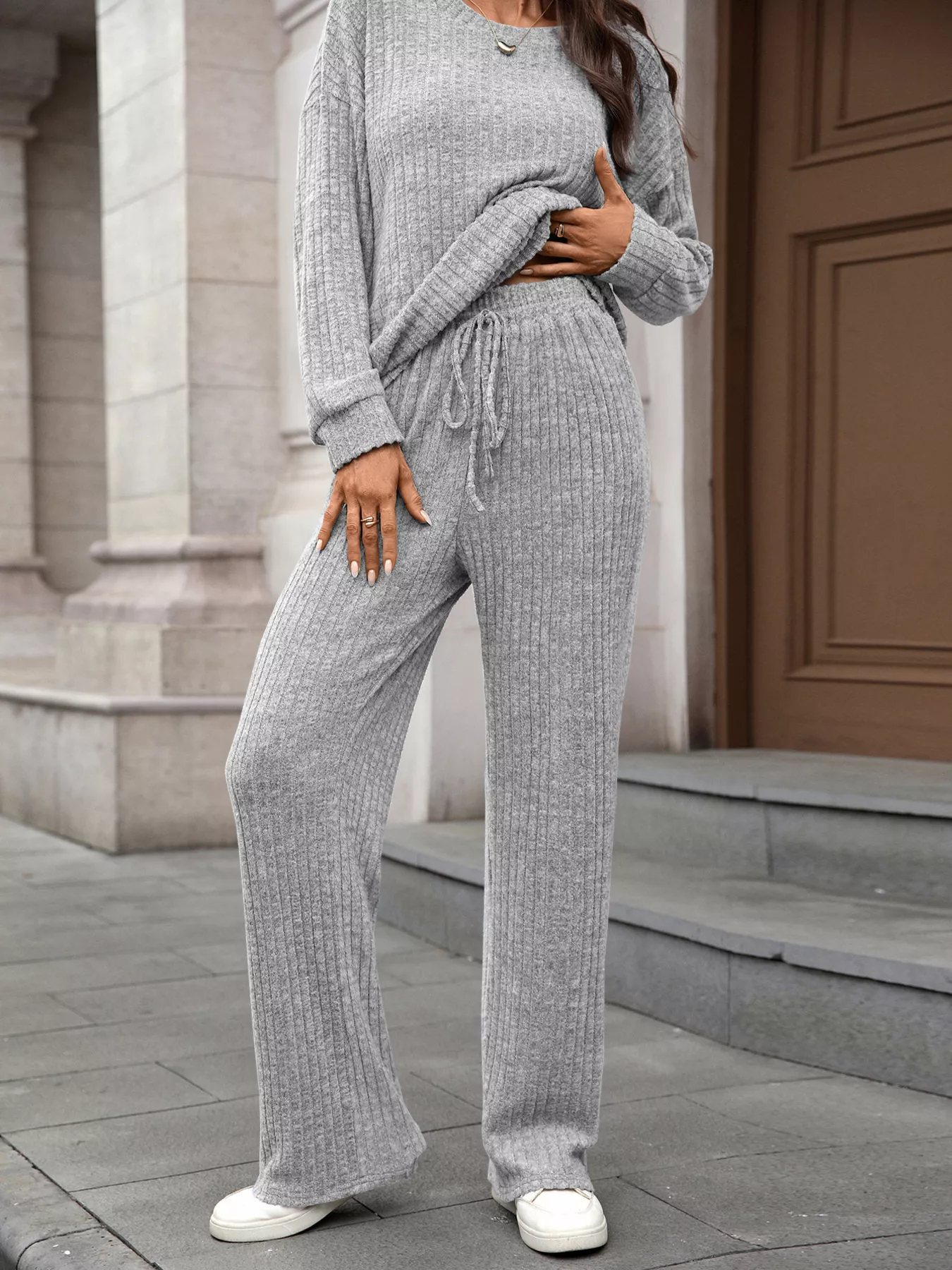 Ribbed Round Neck Top and Pants Set - Image 22