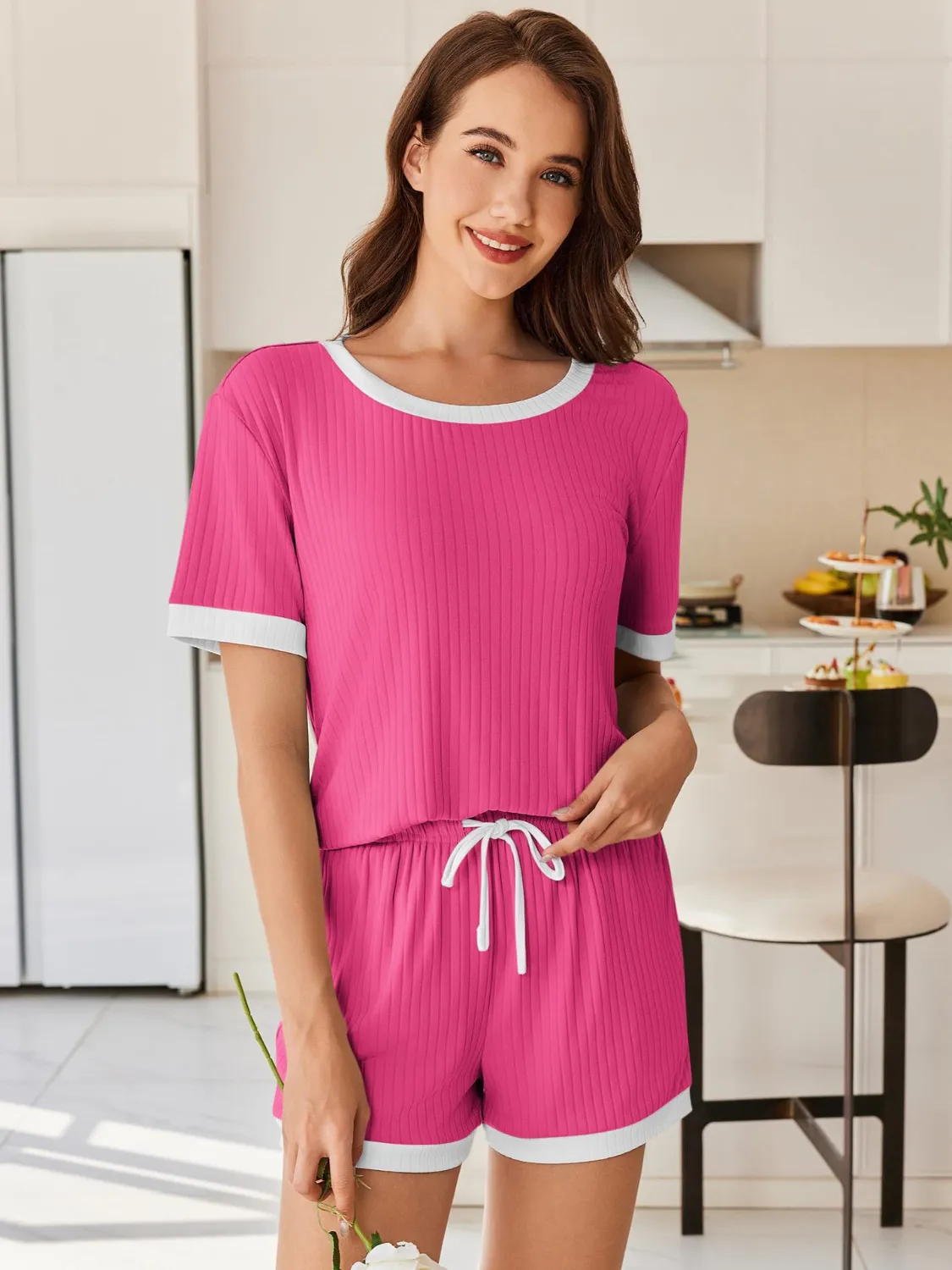 Ribbed Round Neck Top and Shorts Set - Image 2