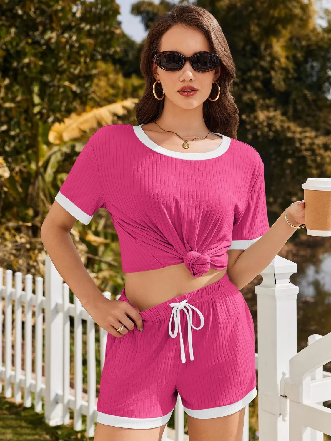 Ribbed Round Neck Top and Shorts Set - Image 3