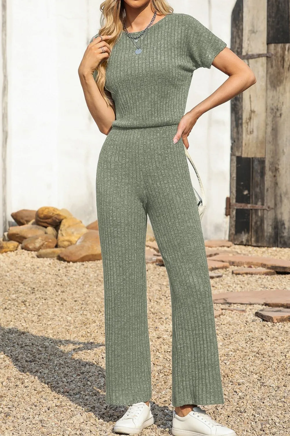 Ribbed Short Sleeve Wide Leg Jumpsuit - Image 6