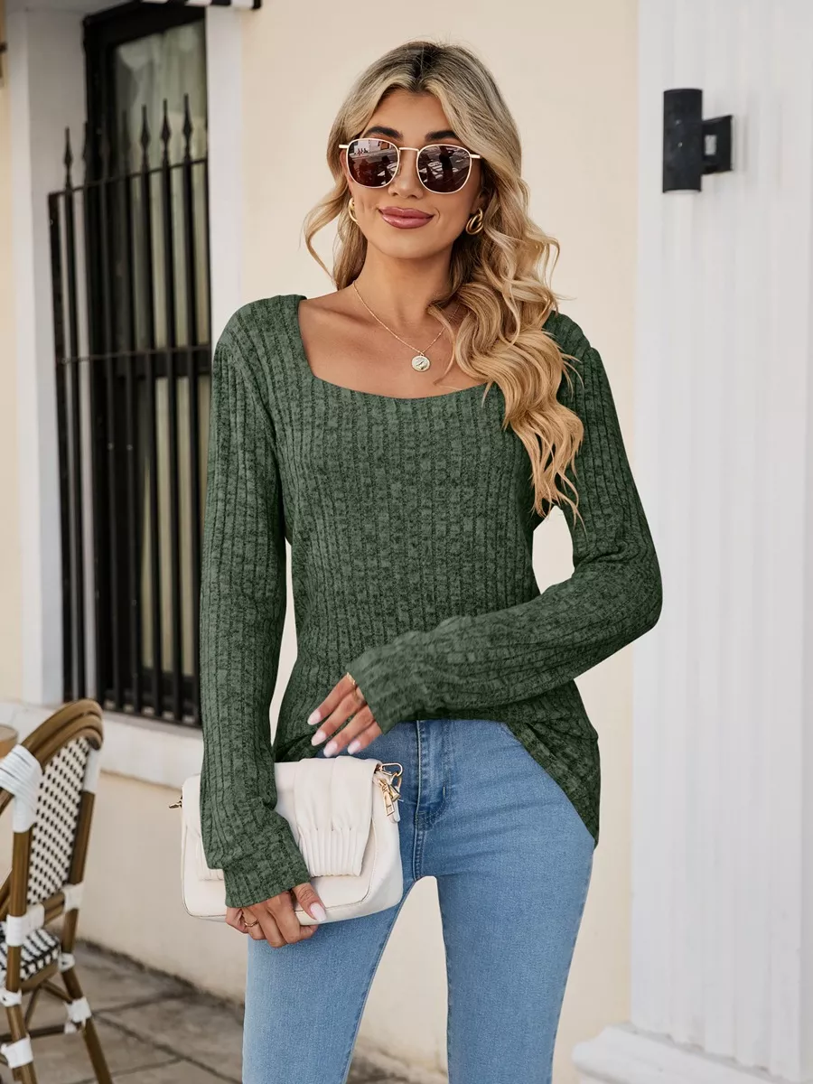 Ribbed Square Neck Long Sleeve T-Shirt - Image 21