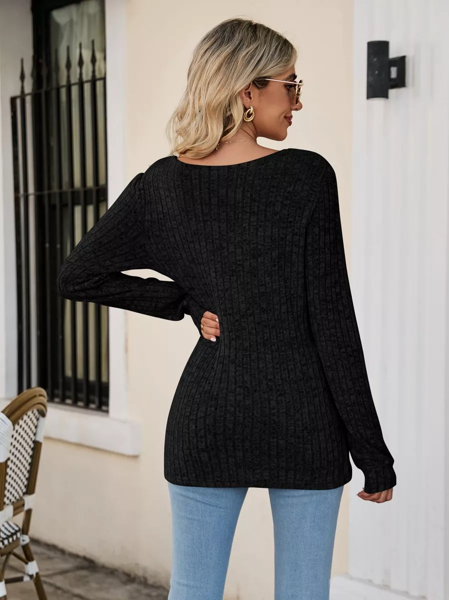 Ribbed Square Neck Long Sleeve T-Shirt - Image 8