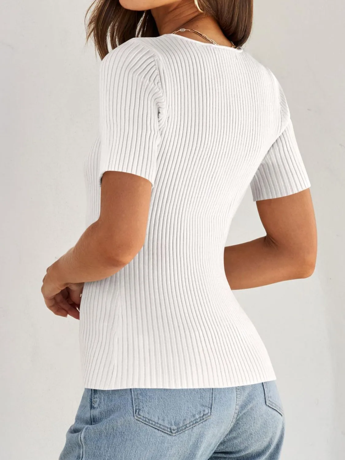 Ribbed Square Neck Short Sleeve Knit Top - Image 14