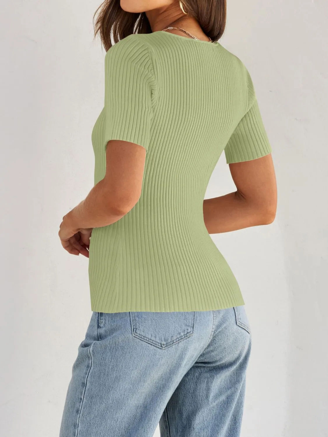 Ribbed Square Neck Short Sleeve Knit Top - Image 7