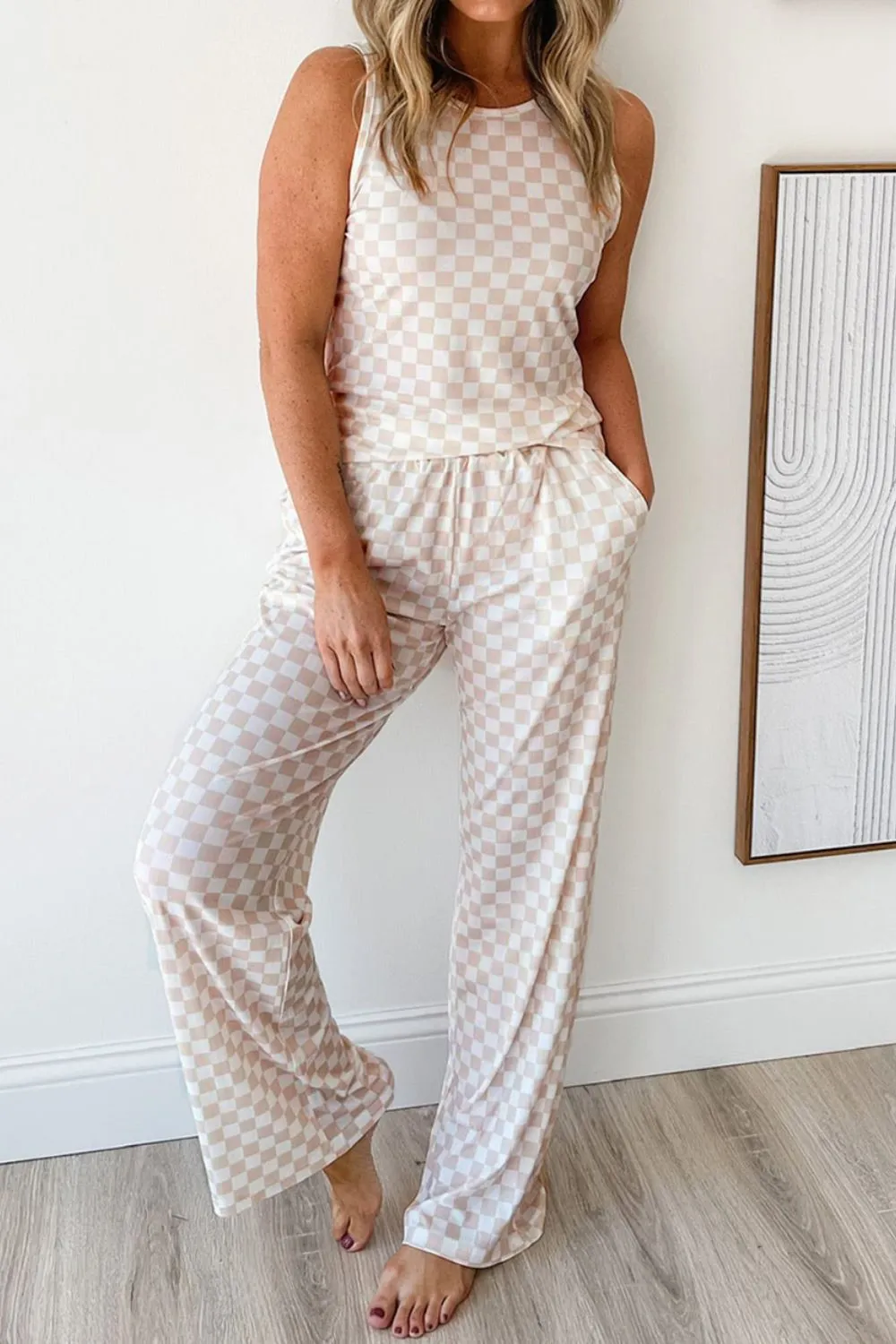 Ribbed Texture Checkered Print Tank and Pants Set - Image 3