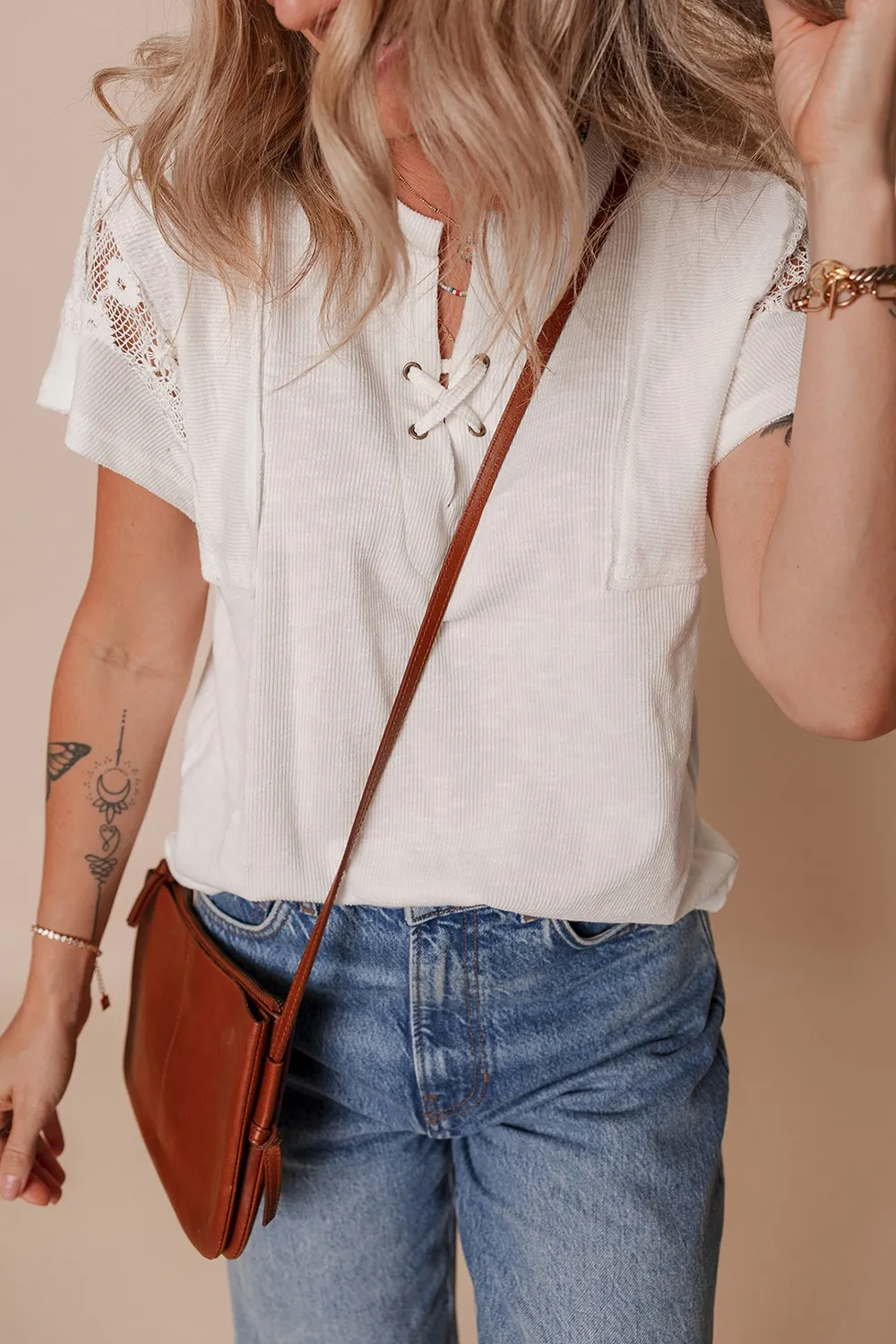 Ribbed Texture Lace Patchwork Short Sleeve Top - Image 4