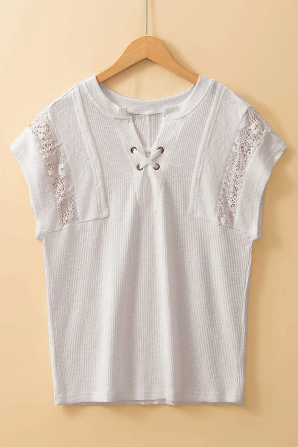 Ribbed Texture Lace Patchwork Short Sleeve Top - Image 6