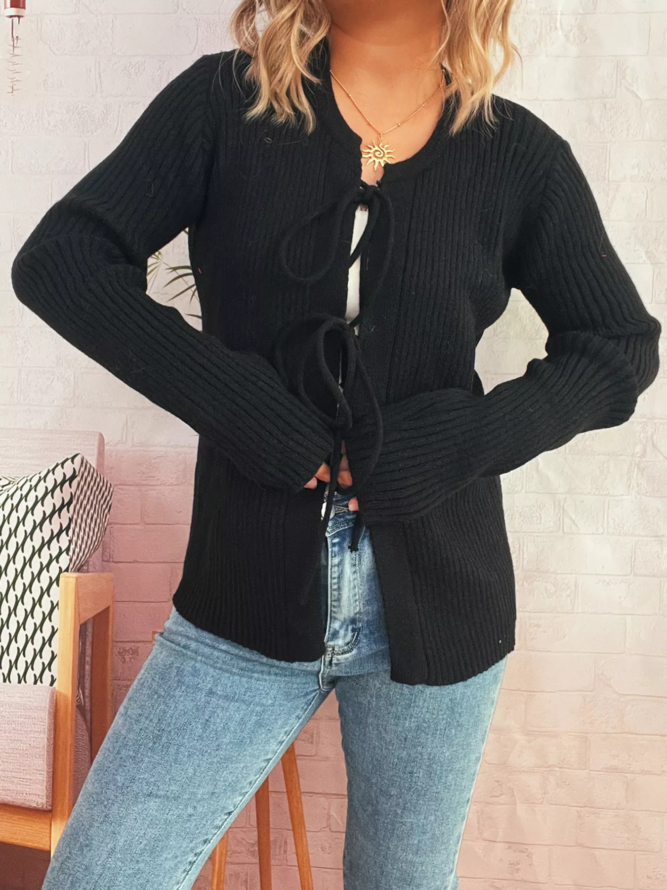 Ribbed Tie Front Long Sleeve Cardigan - Image 4