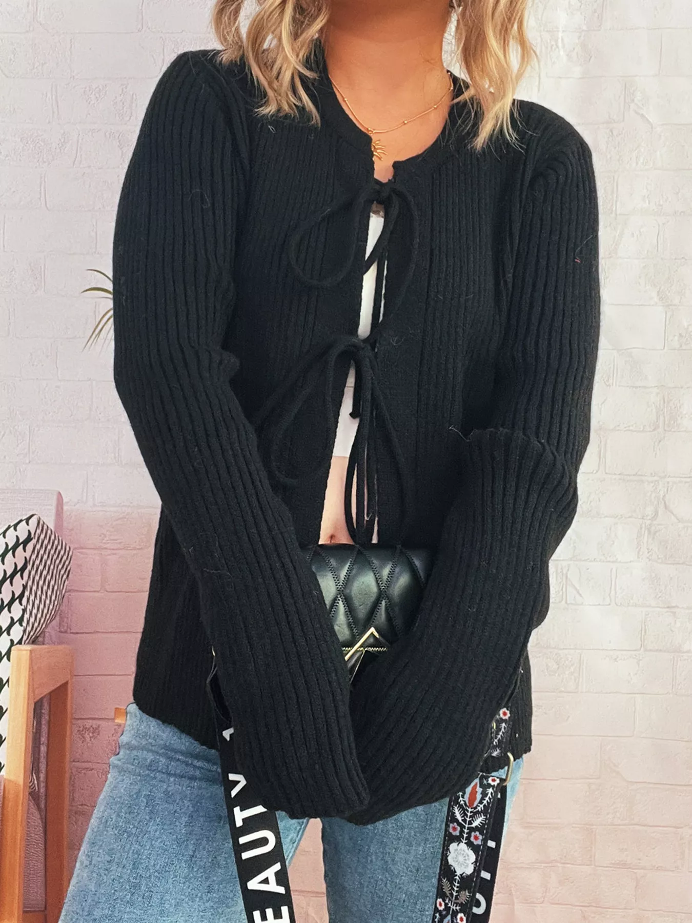 Ribbed Tie Front Long Sleeve Cardigan - Image 6