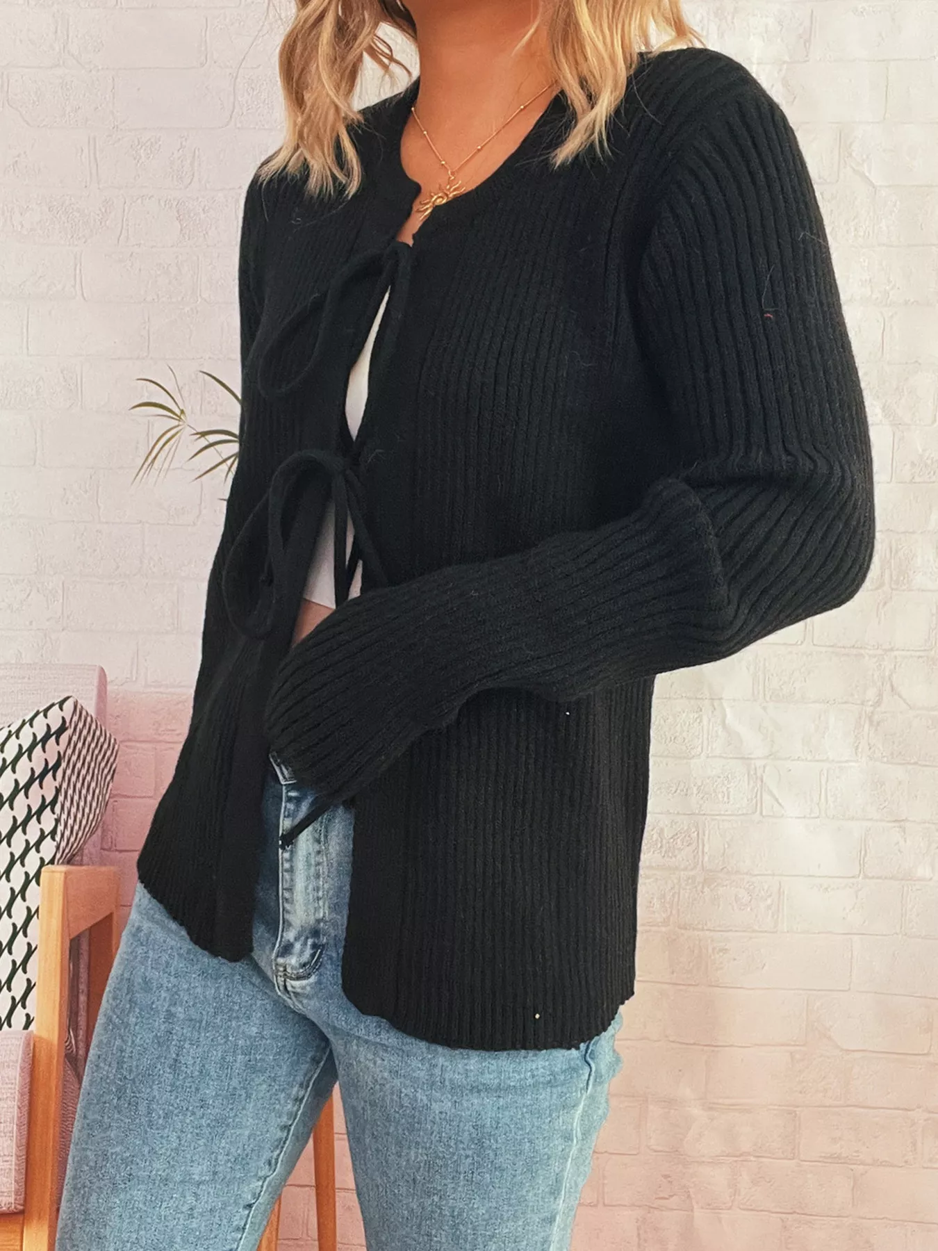 Ribbed Tie Front Long Sleeve Cardigan - Image 7