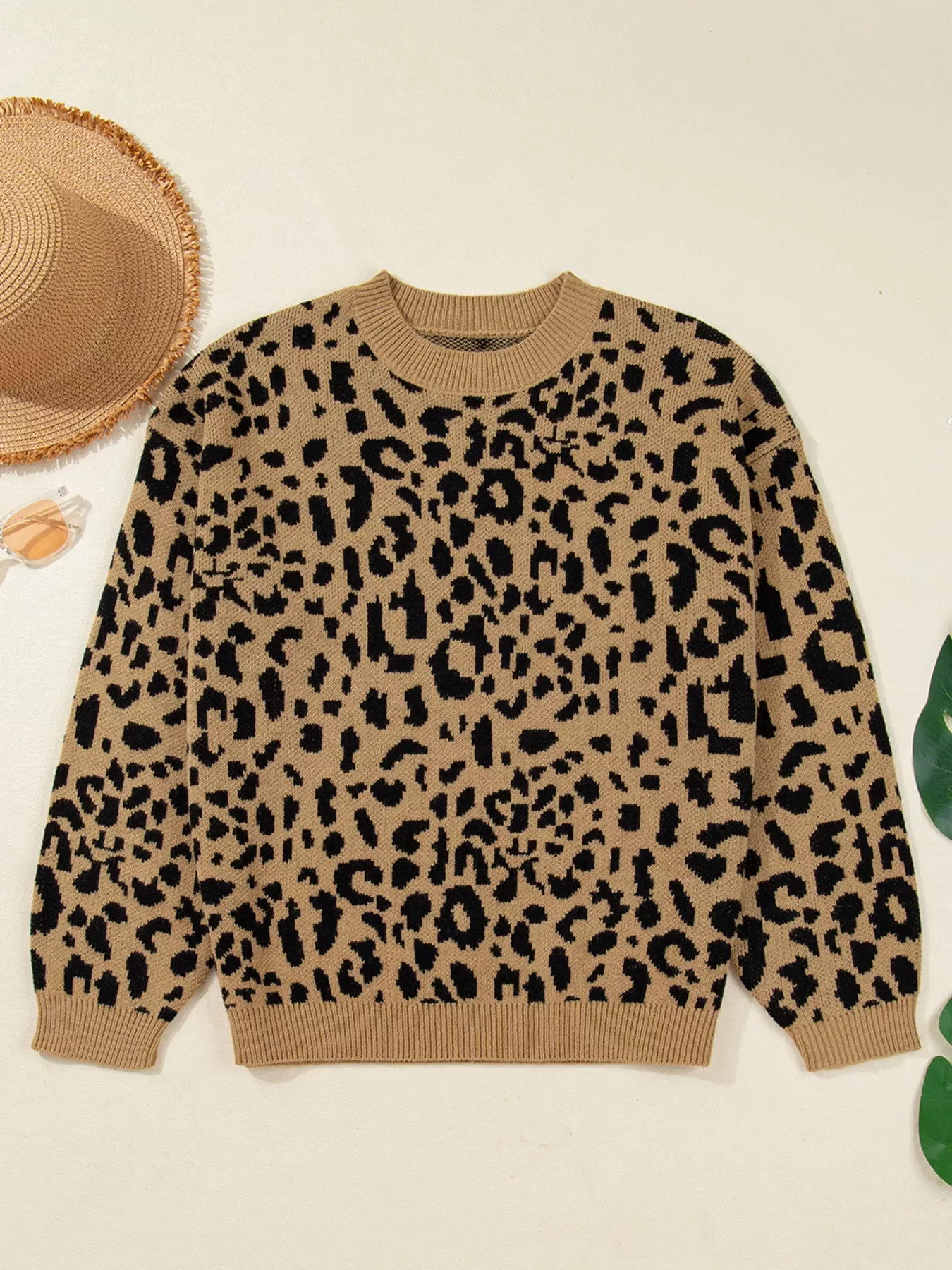 Ribbed Trim Round Neck Leopard Drop Shoulder Sweater - Image 2