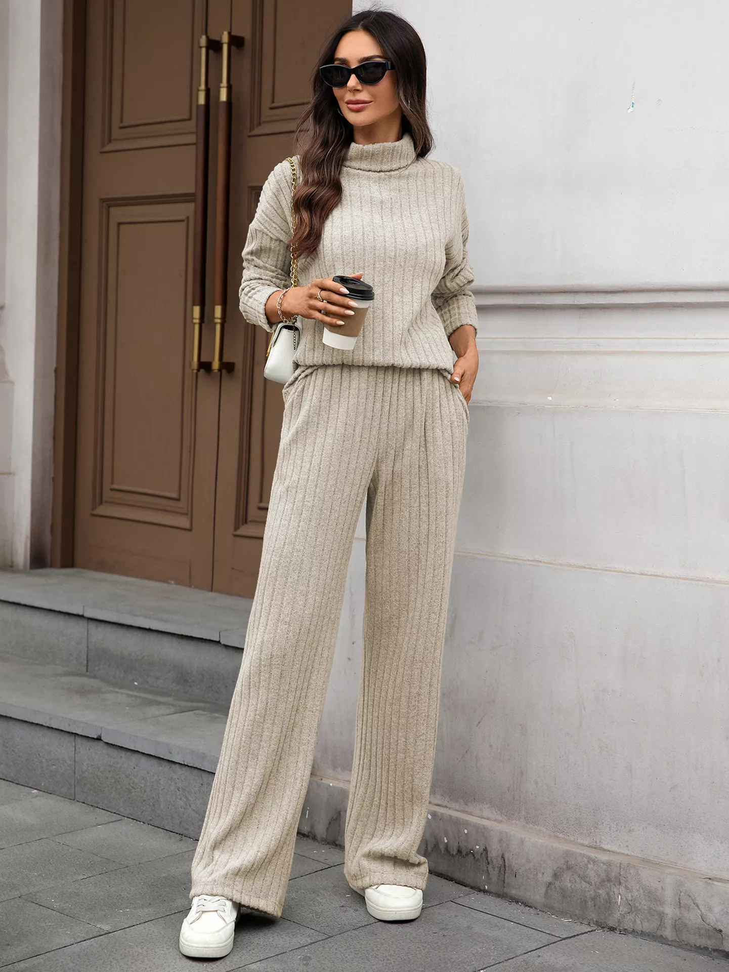 Ribbed Turtleneck Dropped Shoulder Top and Pants Sweater Set - Image 15