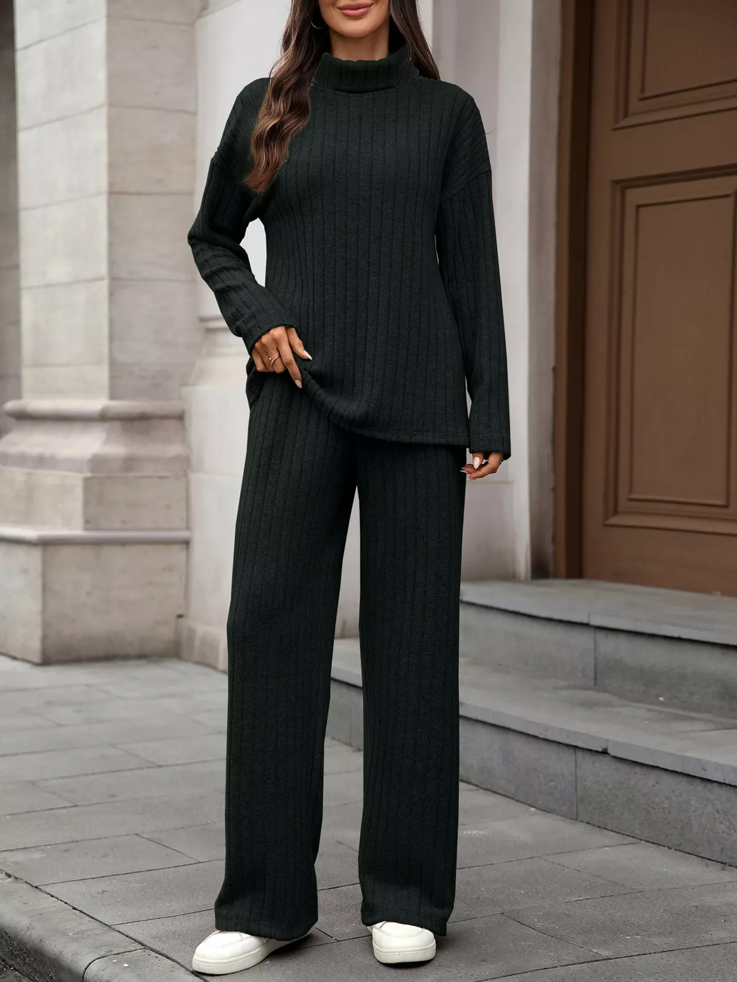 Ribbed Turtleneck Dropped Shoulder Top and Pants Sweater Set - Image 24