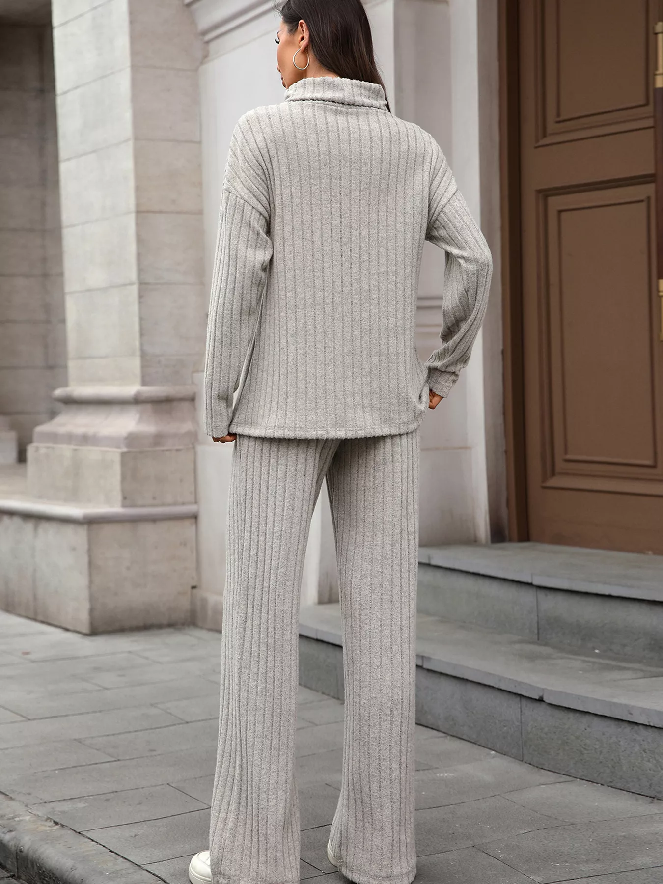 Ribbed Turtleneck Dropped Shoulder Top and Pants Sweater Set - Image 7