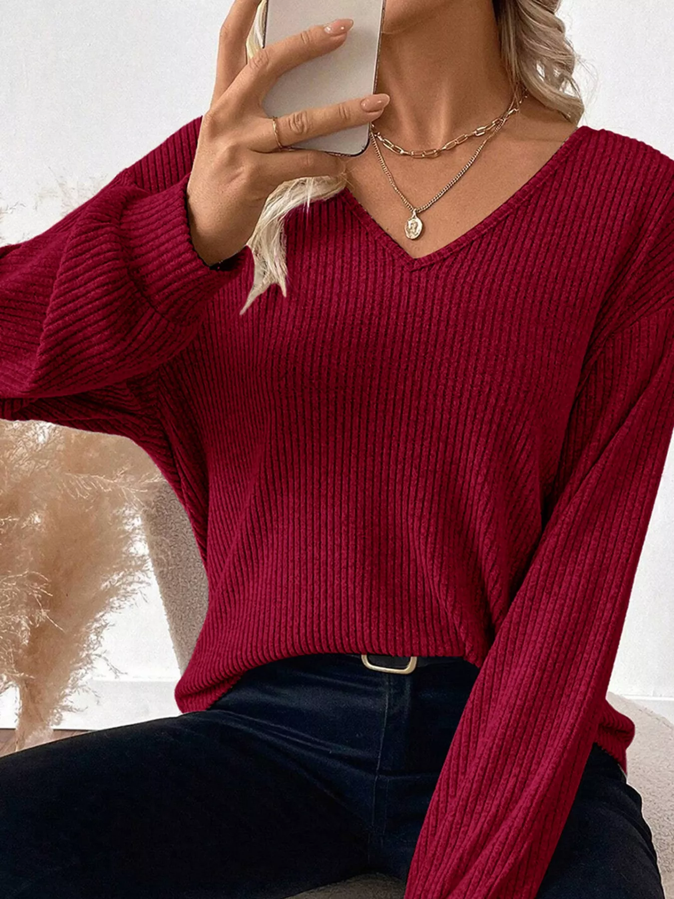 Ribbed V Neck Contrast Ribbon Bow Back Drop Shoulder Long Sleeve Top - Image 2