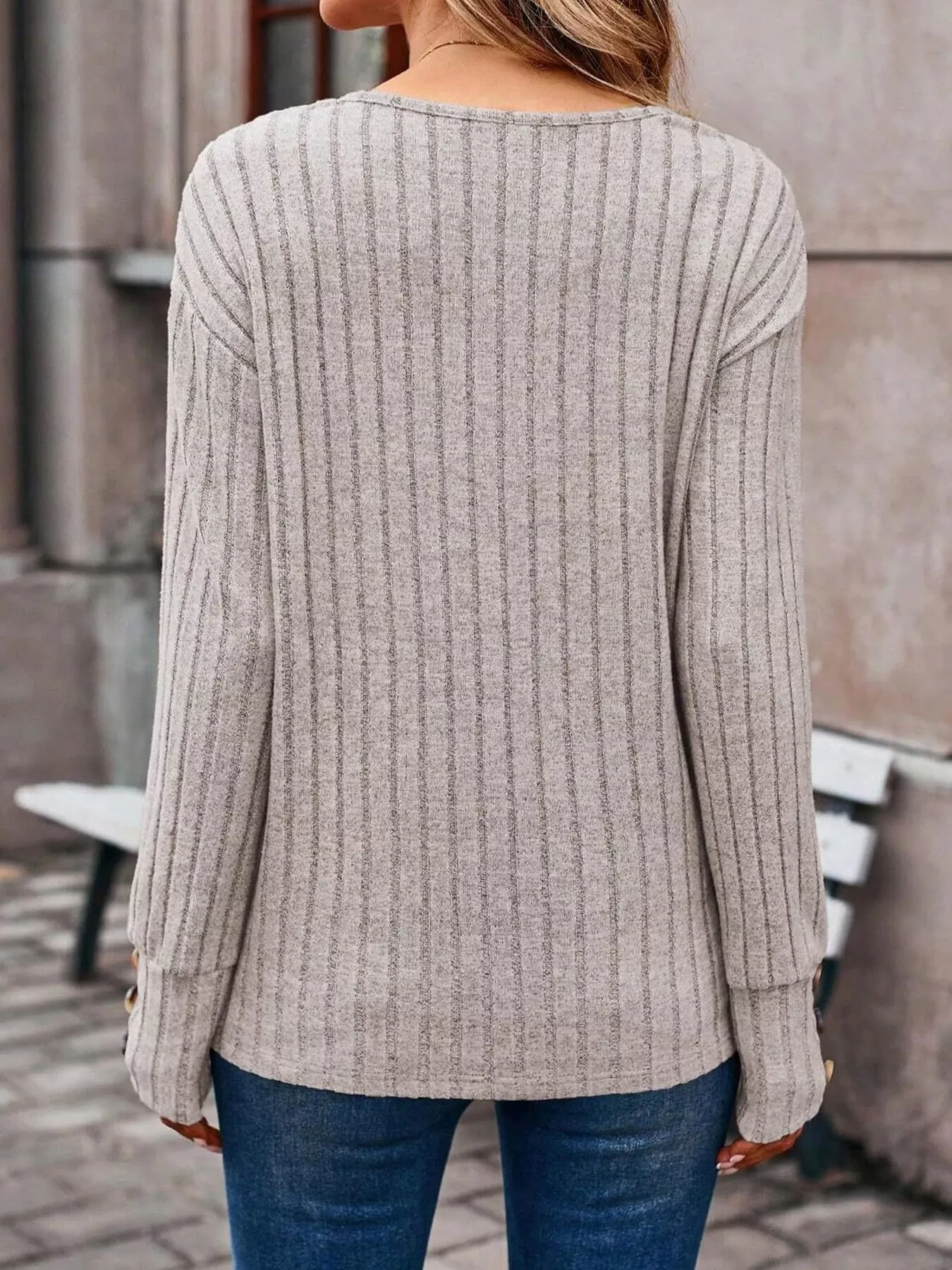 Ribbed V-Neck Long Sleeve Top - Image 2